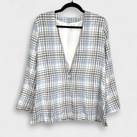 Melrose and Market Plaid Seersucker Oversized Blazer Womens M Blue White Jacket - Picture 2 of 16